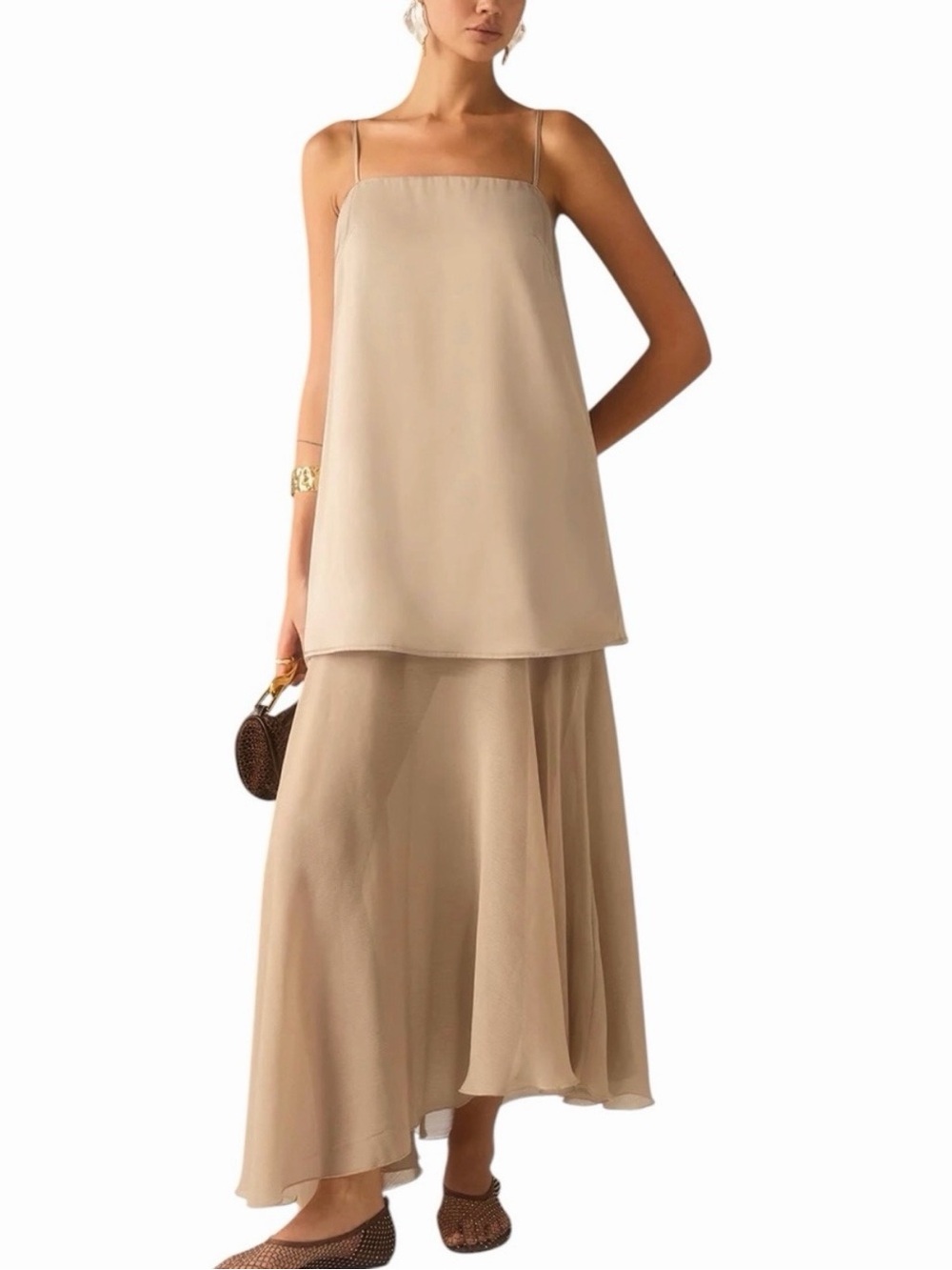 Commense Semi Sheer Chiffon Satin Maxi Dress Small NWT Light Beige